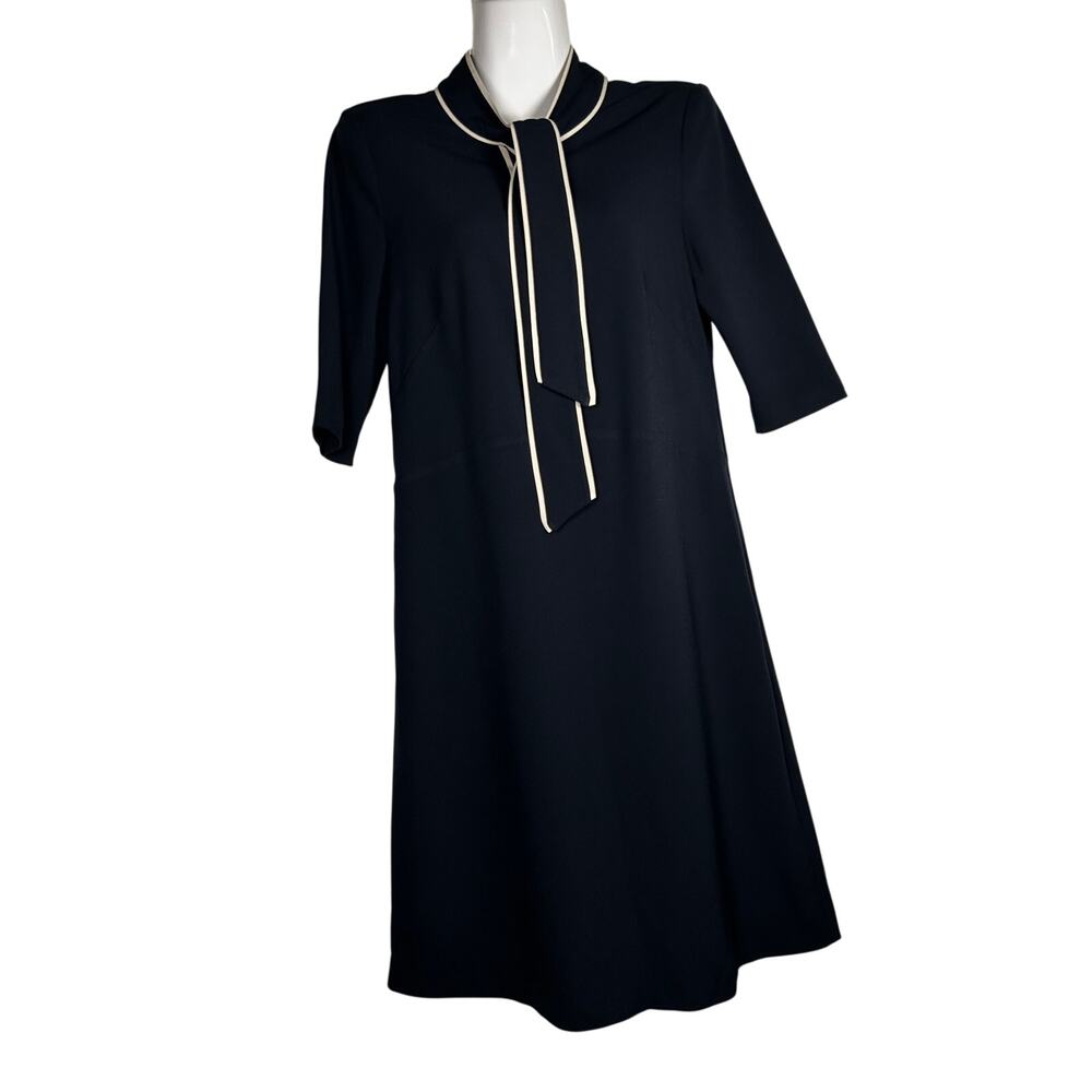 Hobbs Navy Blue Tie Neck 3/4 Sleeve a line knee length Dress Size US2 office